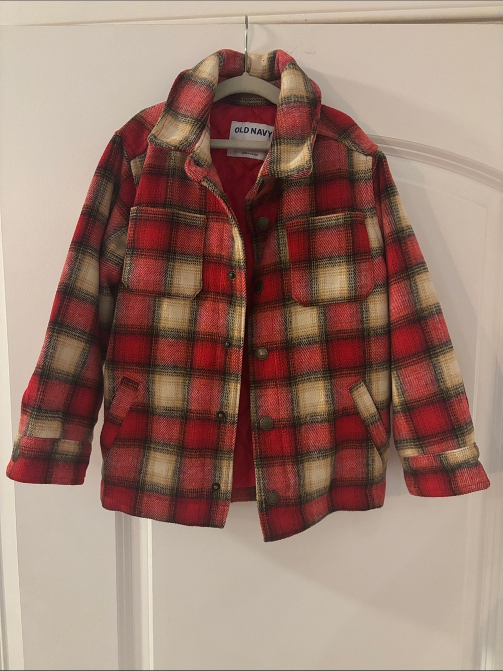 Old Navy Red and Cream Plaid Puffer Jacket for Kids
